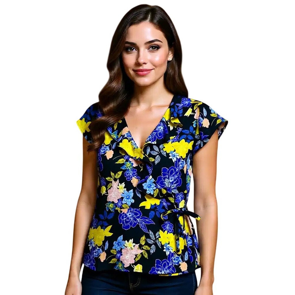 Banana Republic Floral Wrap Top Navy‎ Blue Yellow Ruffle Cap Sleeve Sm NWOT